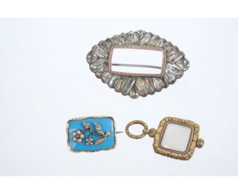 Early Victorian mourning brooch with diamond and seed pearl forget-me-not on a turquoise enamel ground, with glazed compartme