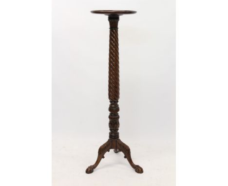 Georgian-style mahogany torchère, dish circular top on spiral-twist column and carved tripod cabriole legs, terminating in cl