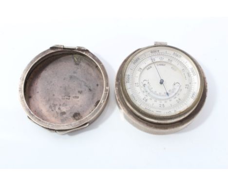 Vintage silver mounted pocket barometer by Asprey, London 1910, circular form, with silver engraved dial and glazed cover, 6c