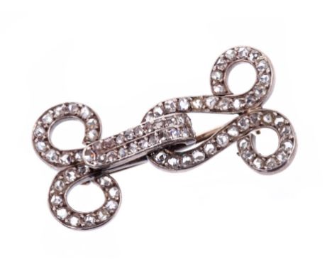 Antique diamond brooch on the form of a clip, set with rose cut diamonds in silver setting on gold, 33mm