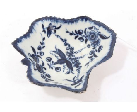18th century Worcester blue and white porcelain pickle dish with painted floral sprigs - moulded veins to underside and blue 