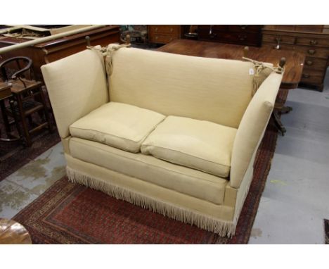 Good quality modern Knowle sofa, hinged ends and allover dull-gold upholstery