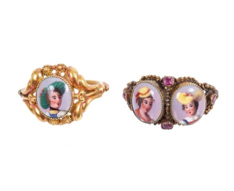 Two early 19th century Swiss gold and enamel rings, each with a painted portrait miniature on enamel, in gold / yellow metal 