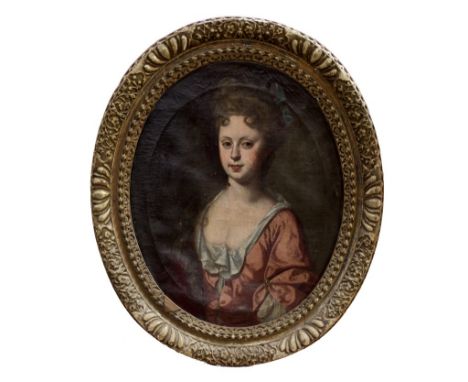 18th century English School oval oil on canvas - portrait of a lady in pink dress, Ann Rowsell, in oval carved giltwood frame