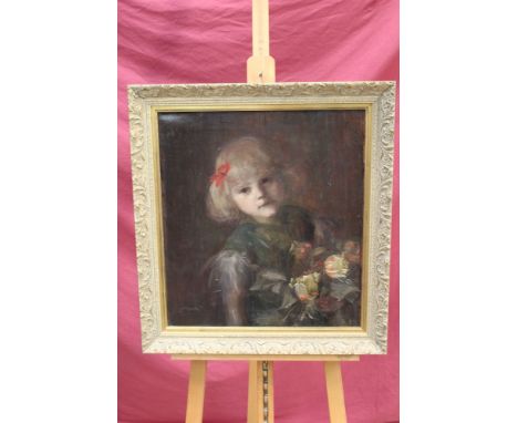 Eugenie Breithut-Munk (1867 - 1915), oil on canvas - portrait of a little girl with flowers, signed, in gilt frame, 55cm x 50