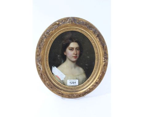 19th century English School oil on board - portrait of a lady, in oval gilt frame, 19.5cm x 15.5cm