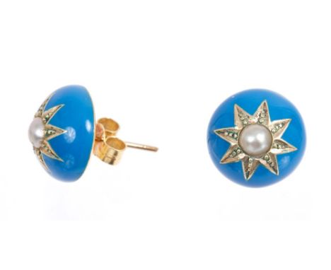 Pair Victorian-style turquoise enamel and seed pearl earrings, each with a star-design on turquoise enamel ground, approx 12m