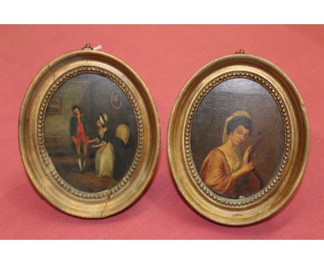 English School, early 19th century, pair of oils on panel portraits - the first depicting a lady, with a cello, the second a 