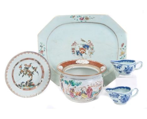 Group of 18th century Chinese export porcelain - comprising a chamber pot with Mandarin palette figure decoration (handle mis