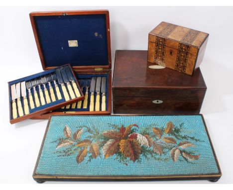 Victorian walnut and parquetry inlaid tea caddy, 18cm wide, together with cased set of Victorian ivory-handled dessert knives