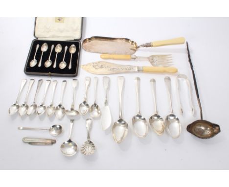 Selection of miscellaneous Georgian and later flatware - including four tablespoons, butter knife, pair sugar tongs, toddy la