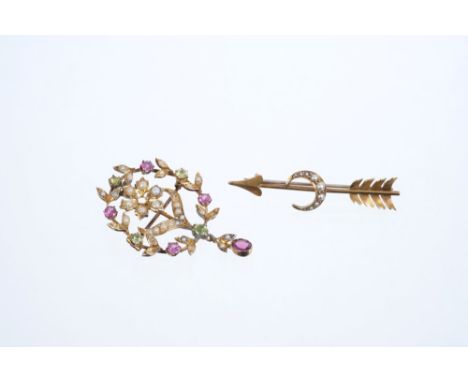 Edwardian peridot, amethyst and seed pearl brooch, possibly of suffragette reference, with a flower and wreath design, togeth