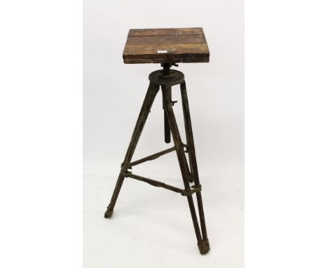 Vintage oak potters stand by Tiranti Ltd, square rotating adjustable top on collapsible tripod stand