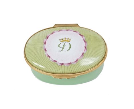 HRH Diana Princess of Wales - Royal Presentation Halcyon Days green enamel box of oval form, with crowned D cipher to cover a