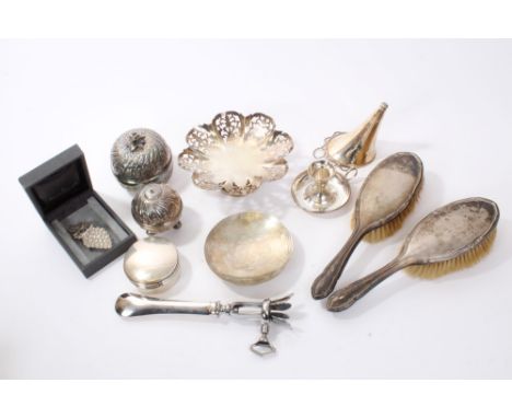 Selection of miscellaneous late 19th / early 20th century silver - including pierced dish, chamber stick, pair hairbrushes, p