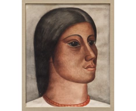 Carlos Orozco Romero (1898 - 1984), watercolour - portrait of a lady wearing red beads, signed, in painted frame, 31cm x 25cm