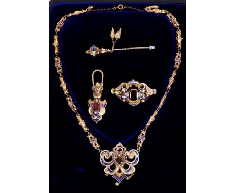 Mid-19th century Biedermeier gold, enamel, garnet and seed pearl suite of jewellery comprising necklace, brooch, chatelaine /