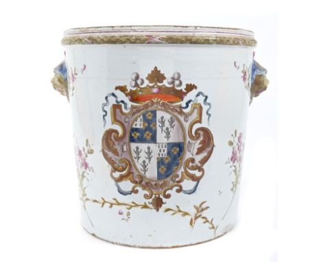 19th century French faience armorial pail / jardinière with polychrome painted coat of arms and romantic scenes, lion-head ha