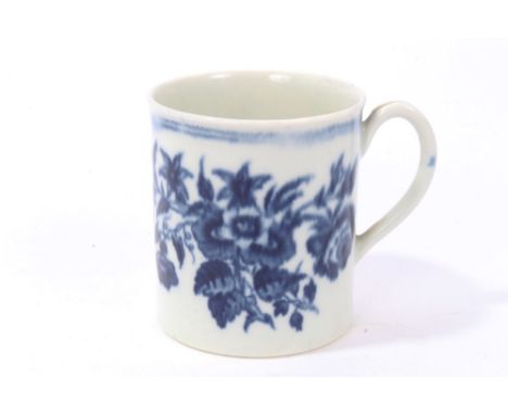 18th century Worcester blue and white coffee cup with printed three-flower pattern - blue crescent mark, 6cm high