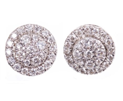 Pair 18ct white gold and diamond cluster earrings, the circular cluster with pavé set brilliant cut diamonds estimated to wei