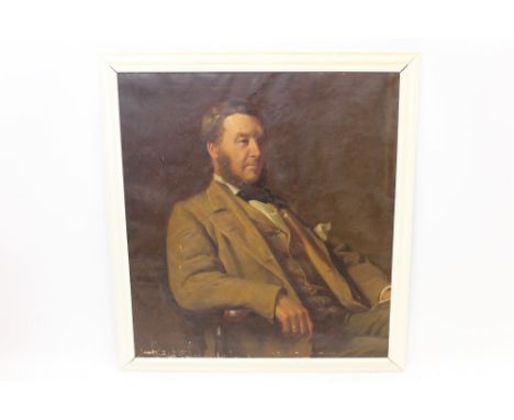 Victorian English School oil on canvas - portrait of Charles Fenwick of Harpenden, label verso, framed, 97cm x 89cm.N.B.  Cha