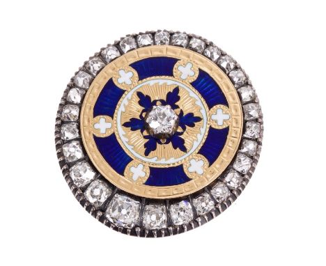 George III diamond and enamel brooch of elliptical form, the circular blue and white enamel medallion centred with an old cut