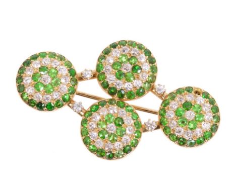 Unusual late 19th century diamond and green garnet cufflinks converted to a brooch, each circular disc with pavé set old cut 