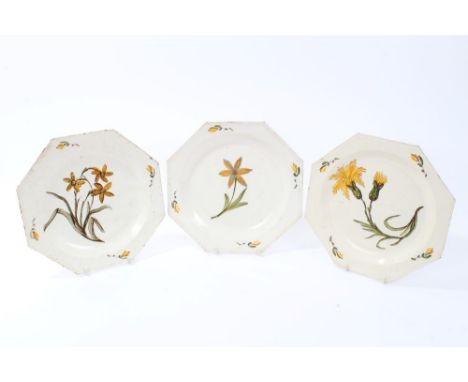Three late 18th century octagonal creamware plates with painted yellow and green floral decoration, 23cm CONDITION REPORT Two