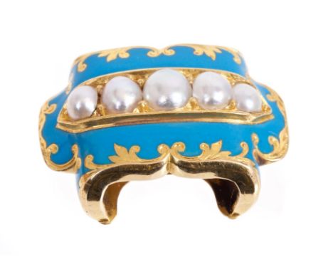 Late Regency / early Victorian gold turquoise enamel and pearl chain slide with a band of five graduated split pearls measuri