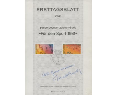 Matt Busby signed First day sheet special postage stamp series for sport 6/1981 written in German. "ersttagsblatt sonderpostw