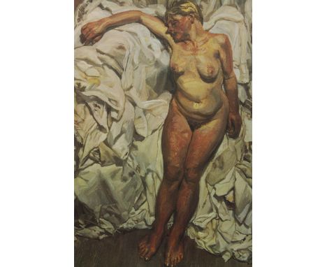 Print. Female nude on sheets. Probably Lucien Freud. Framed. H.66 W.55 cm. 