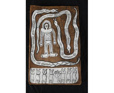Aboriginal art. 'Dogs of Bahloo'. Painted bark. Circa 1980. H.32 W.22 cm. 