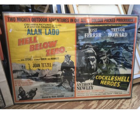 A framed and glazed double bill cinema poster for 'Cockleshell Heroes' and 'Hell Below Zero', approx 100cm x 71cm. Poster has