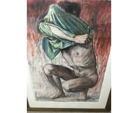 A framed study of a male nude by R Judkins 89 x 114 cm