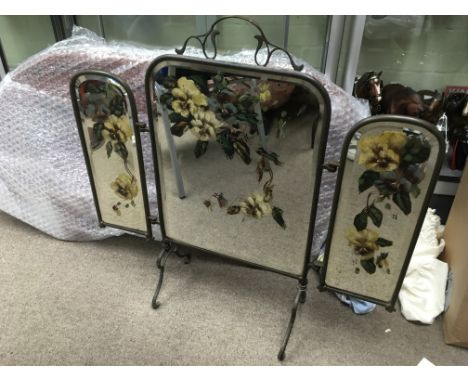 A Victorian brass firescreen with painted mirror panels, approx 78cm x 75cm when opened.