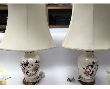 A pair of ceramic table lamps with shades.