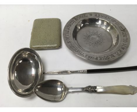 A toddie ladle, unmarked white metal dish a cigarette case and a silver preserve spoon