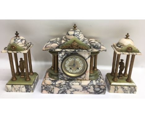 A Classical style, marble and onyx clock garniture.Approx 33x31x14cm wide, some damage - NO RESERVE