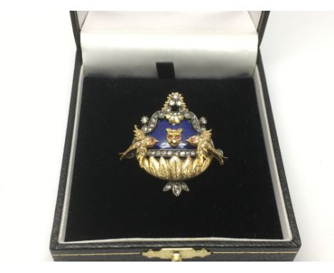 A fine quality late 19th Century Portuguese Lisbon gold and enamel diamond set brooch pendant, approx 12.8g.
