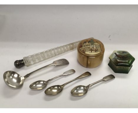 Four silver spoons, a silver topped glass perfume bottle, a ceramic pot and lid and a wooden circular container.