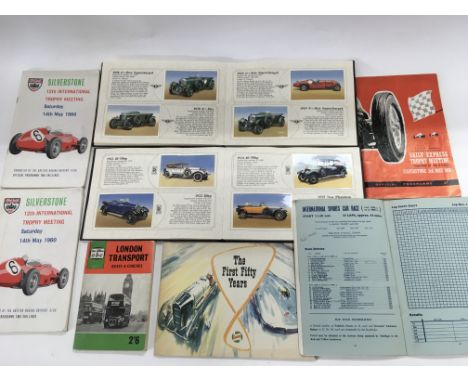 A collection of late 1950s/60s Silverstone programs including one signed by Pat Moss together with two automobile cigarette c