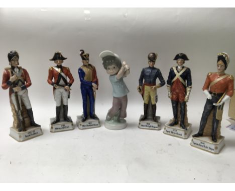A small collection of ceramic figures comprising of 6 Soldier figurines and a Lladro figure of a boy playing a bat sport, no 