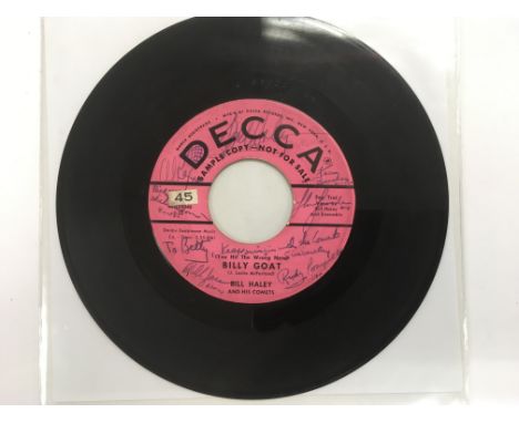 An extremely rare autographed copy of Bill Haley And His Comets (Promo) Decca single (you hit the wrong) Billy Goat / Rockin 