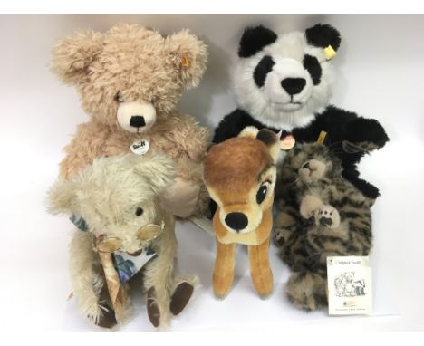 Four Steiff animals including a Disney Bambi and a Panda plus one other bear