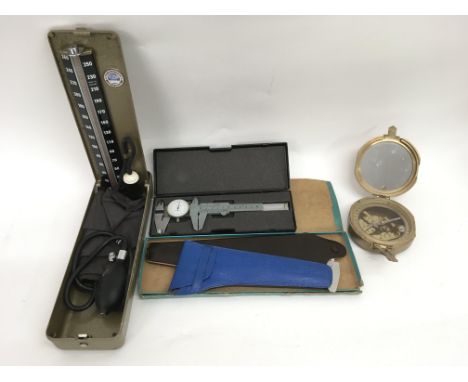A Stanley brass compass, vintage blood pressure machine and measuring instruments - NO RESERVE