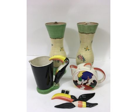 A pair of Clarice Cliff ribbed lamp bases and a reproduction Moorland teapot, plus Carltonware Guinness items