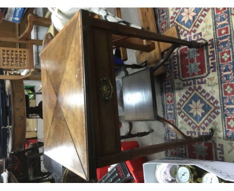 An inlaid Edwardian envelope card table, the tapering legs united by an undertier shelf below, approx 56cm x 56cm x 75cm.