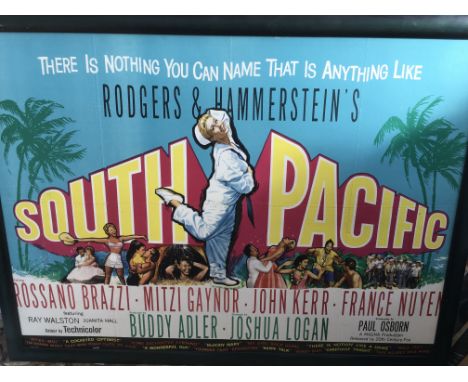A circa 1960s framed UK quad film poster for 'South Pacific', was folded but has been stuck down on board , approx 103cm x 77