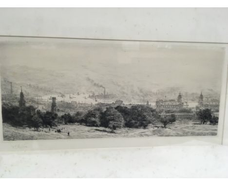 A framed Drypoint by William Lionel Wyllie a view across the Thames London signed in pencil 37x15cm