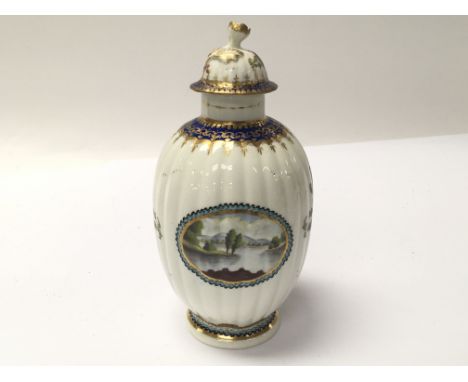 A Worcester 18th Century hand painted vase and cover with hand painted ovals painted with senses of a river with applied gilt